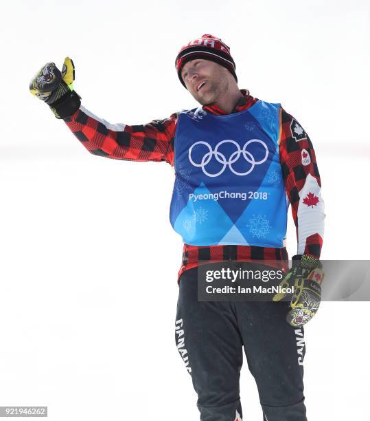 Brady Leman of Canada reacts before staring on the podium after winning the Men's Ski Cross Final at Phoenix Snow Park on February 21, 2018 in...