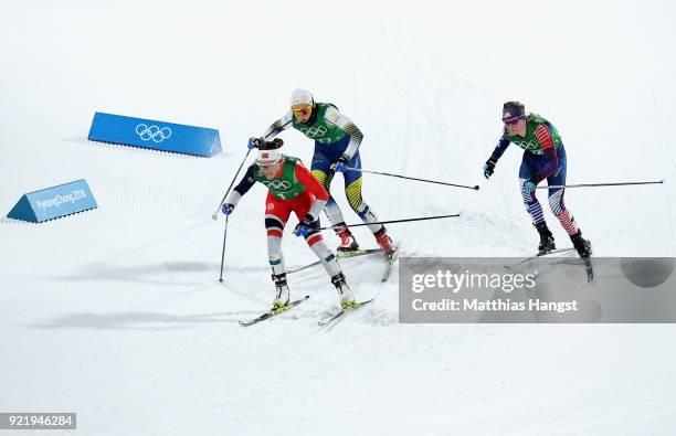 Maiken Caspersen Falla of Norway , Stina Nilsson of Sweden and Jessica Diggins of the United States compete during the Cross Country Ladies' Team...