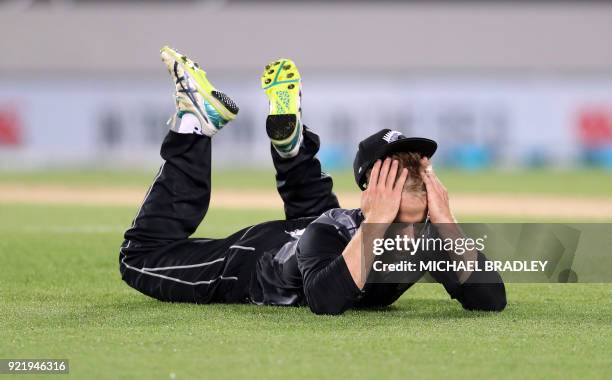 New Zealand's Kane Williamson reacts during the final Twenty20 Tri Series international cricket match between New Zealand and Australia at Eden Park...