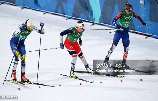 Stina Nilsson of Sweden, Maiken Caspersen Falla of Norway and Jessica Diggins of the United States compete during the Cross Country Ladies' Team...