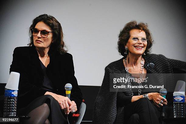 Actresses Anouk Aimee and Claudia Cardinale attend the "Tutto Fellini" Retrospective Opening at Cinematheque Francaise on October 21, 2009 in Paris,...