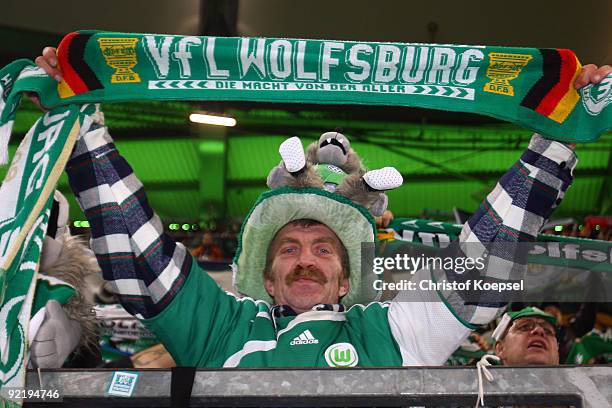 Fan of Wolfsburg is seen during the UEFA Champions League Group B first leg match between VfL Wolfsburg and Besiktas at the Volkswagen Arena on...