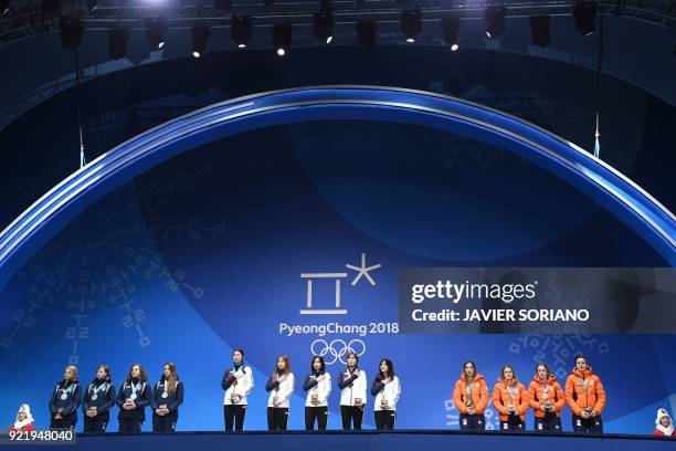 Italy's silver medallists Arianna Fontana, Lucia Peretti, Cecilia Maffei and Martina Valcepina, South Korea's gold medallists Shim Sukhee, Choi...