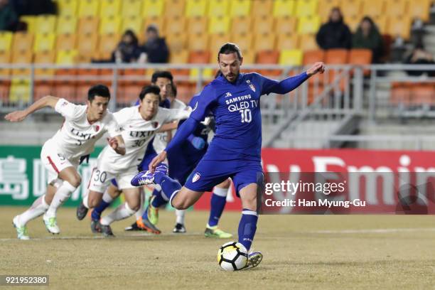 Dejan Damjanovic of Suwon Samsung Bluewings takes a penalty which was saved during the AFC Champions League Group H match between Suwon Samsung...