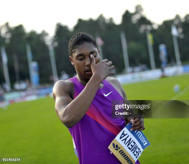 South African athlete Caster Semenya gestures after competing in Lappeenranta, Eastern Finland on July 15, 2010 for her first start since the Berlin...