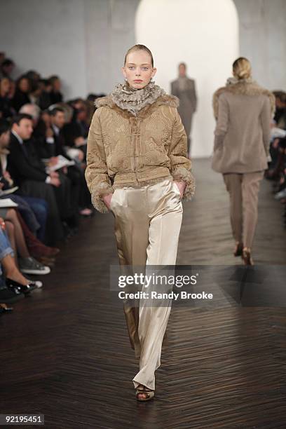 Model walks the runway wearing Ralph Lauren Fall 2009 during Mercedes-Benz Fashion Week at Skylight Studio on February 20, 2009 in New York City.