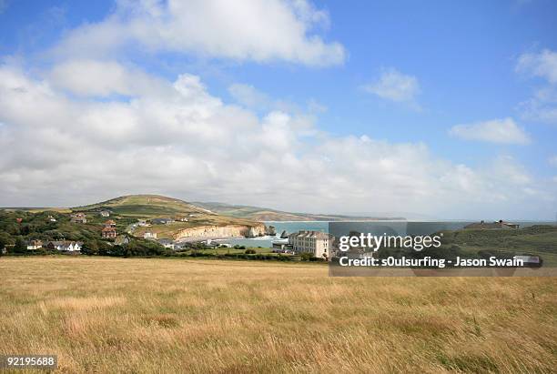 fields of gold - freshwater bay, isle of wight - bahía de freshwater isla de wight fotografías e imágenes de stock