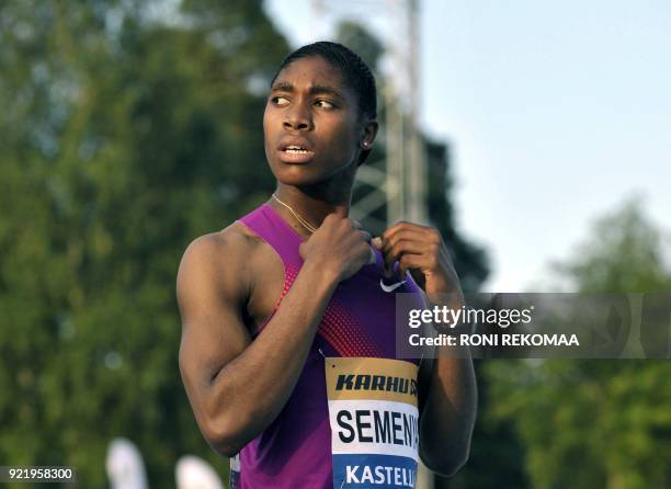 South African athlete Caster Semenya gets ready in Lappeenranta, Eastern Finland on July 15, 2010 for her first start since the Berlin World...