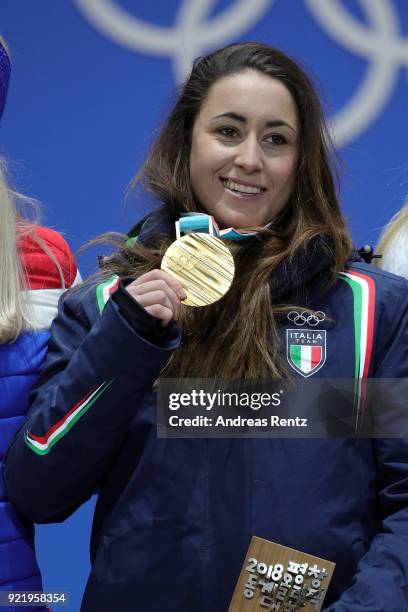 Gold medalist Sofia Goggia of Italy celebrates during the medal ceremony for the Ladies' Downhill on day twelve of the PyeongChang 2018 Winter...
