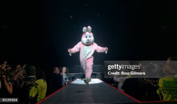 Green Day's beer drinking rabbit performs on stage at SECC on October 19, 2009 in Glasgow, Scotland.