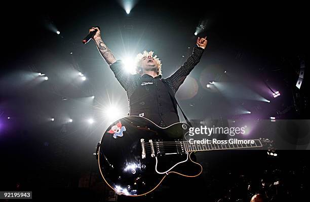Green Day lead singer Billie Joe Armstrong performs on stage at SECC on October 19, 2009 in Glasgow, Scotland.