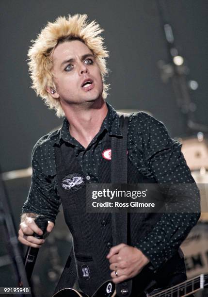 Green Day lead singer Billie Joe Armstrong performs on stage at SECC on October 19, 2009 in Glasgow, Scotland.
