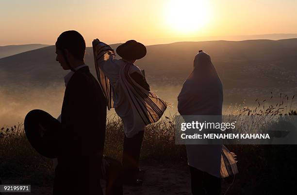 Ultra-Orthodox Jews pray on Mount Gerizim overlooking Joseph's Tomb, one of their holiest sites, in the West Bank city of Nablus on May 28, 2009. The...