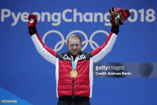 Gold medalist Brady Leman of Canada celebrates during the medal ceremony for the Freestyle Skiing Men's Ski Cross Big Final on day twelve of the...