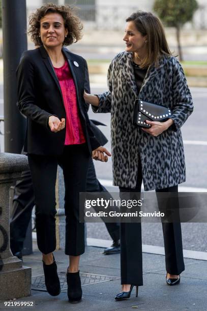 Dolors Monserrat and Queen Letizia of Spain attend a gender violence meeting at Government Delegation for Gender Violence on February 21, 2018 in...