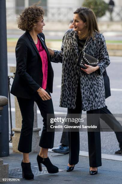 Dolors Monserrat and Queen Letizia of Spain attend a gender violence meeting at Government Delegation for Gender Violence on February 21, 2018 in...