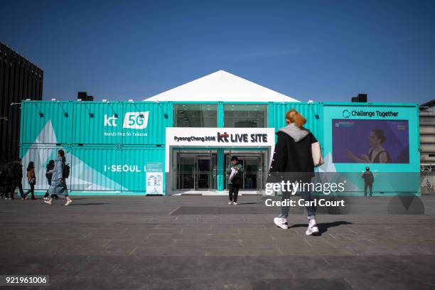 Woman walks towards the PyeongChang 2018 Winter Olympics Live Site on February 21, 2018 in Seoul, South Korea. With tourists visiting from around the...