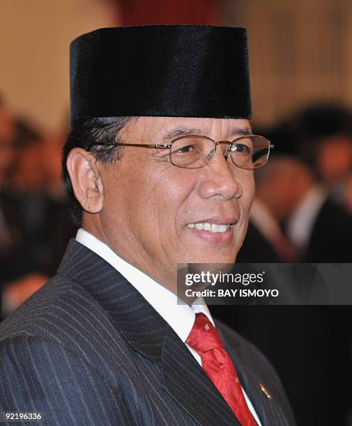 Indonesian Coordinating Minister for Politics, Law and Security Djoko Suyanto poses for a picture before being sworn-in at the state palace in...