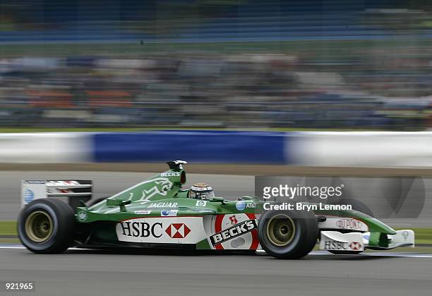 Eddie Irvine of Northern Ireland and Jaguar in action during second practice for the British Grand Prix at Silverstone on July 6, 2002 at Silverstone...