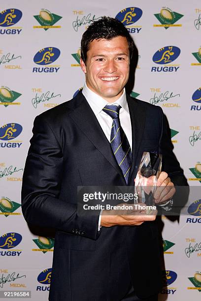 Adam Ashley-Cooper of Australia and winner of Try of the Year poses for a photograph during the John Eales Medal Dinner at the Carriage Works on...