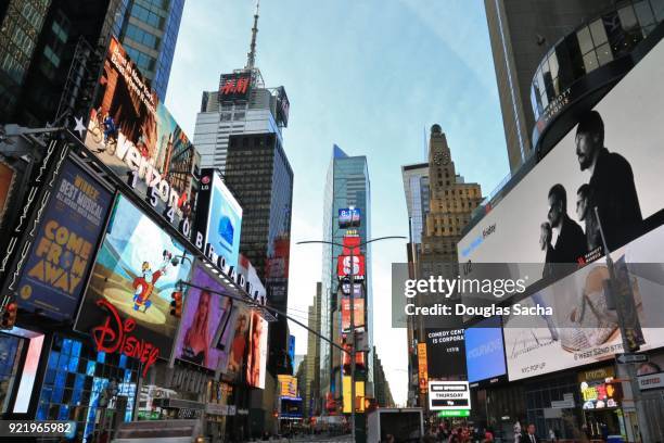 low angle view of times square district, midtown manhattan, new york city, new york, usa - 42nd street stock-fotos und bilder