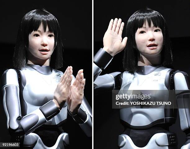 This combo picture shows a humanoid robot HRP-4C, developed by Japan's Advanced Industrial Science and Technology showing her skills during the...