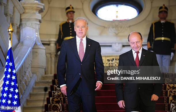 Vice president Joe Biden arrives with Romanian President Traian Basescu for a joint press conference at Cotroceni Palace, the Romanian Presidency...