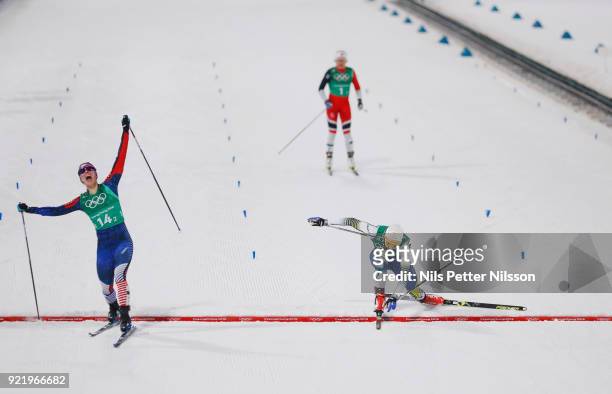 Diggins Jessica USA, Nilsson Stina Sweden and Falla Maiken Caspersen of Norway crosses the finishing line during the women's Cross Country Team...