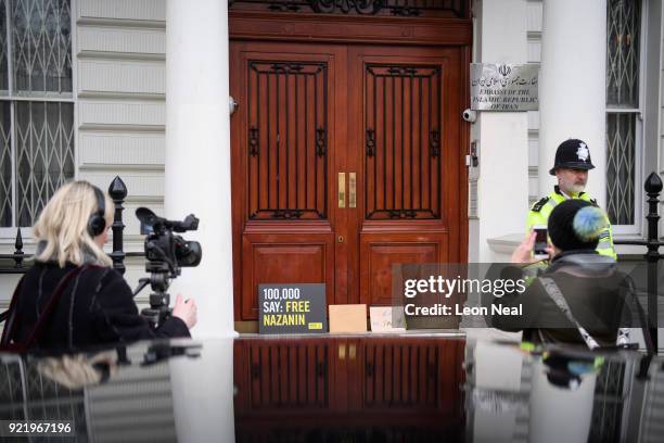 Collection of letters and posters calling for the release of jailed UK-Iranian woman Nazanin Zaghari-Ratcliffe are seen on the doorstep of the...