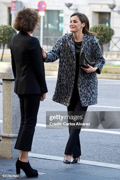 Spanish Health Minister Dolors Montserrat and Queen Letizia of Spain arrive to attend a Gender-Based Violence meeting at Delegacion del Gobierno Para...