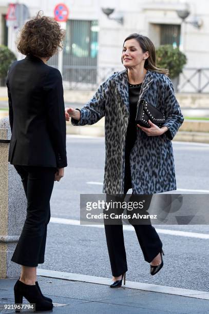 Spanish Health Minister Dolors Montserrat and Queen Letizia of Spain arrive to attend a Gender-Based Violence meeting at Delegacion del Gobierno Para...