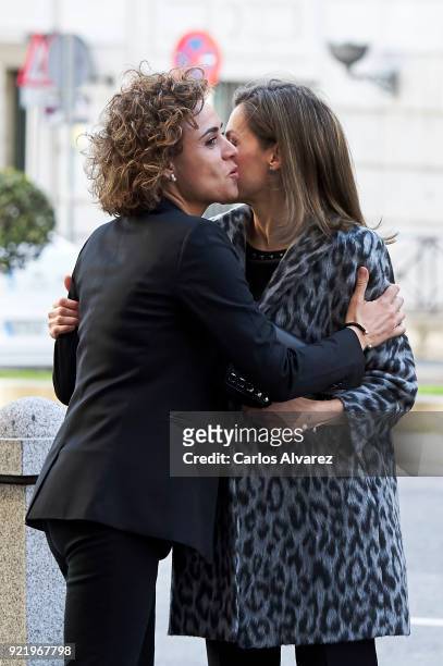 Spanish Health Minister Dolors Montserrat and Queen Letizia of Spain arrive to attend a Gender-Based Violence meeting at Delegacion del Gobierno Para...