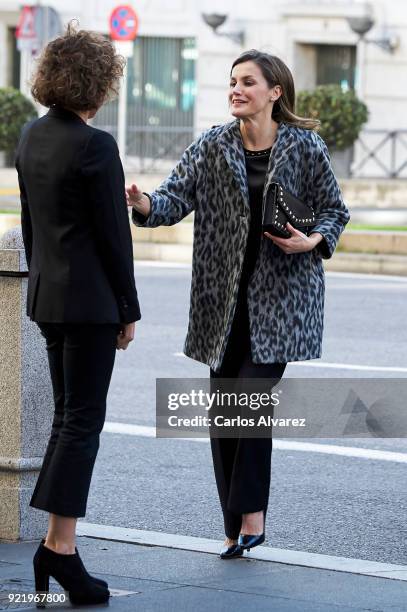 Spanish Health Minister Dolors Montserrat and Queen Letizia of Spain arrive to attend a Gender-Based Violence meeting at Delegacion del Gobierno Para...