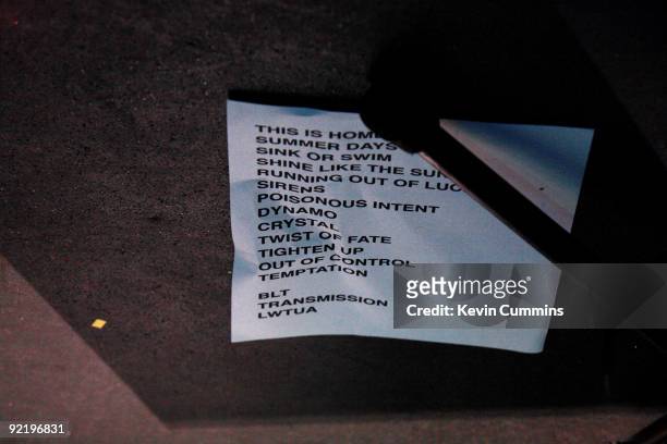 The setlist for the first gig by English rock group Bad Lieutenant lying on the floor during rehearsals at the Digital Club, Brighton, Sussex, 20th...