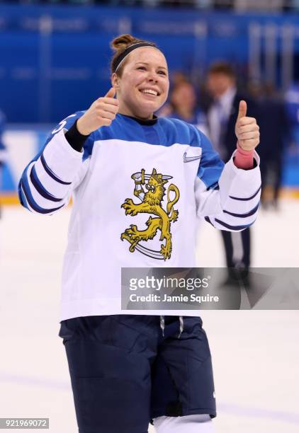 Minnamari Tuominen of Finland celebrates after defeating Olympic Athletes from Russia 3-2 during the Women's Ice Hockey Bronze Medal game on day...