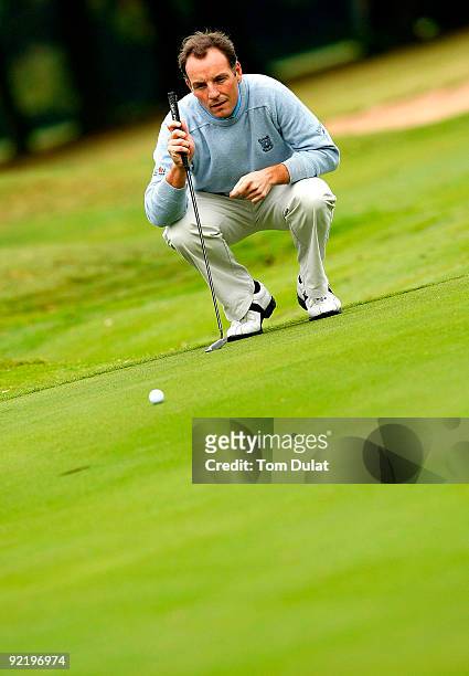 David Higgins of Waterville Golf Links lines up a shot during the Srixon PGA Playoff at Little Aston Golf Club on October 22, 2009 in Sutton...