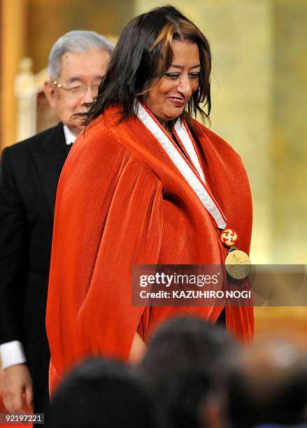 Iraqi-born British architect Zaha Hadid receives an award recognising her achievments in architecture during the 21st Praemium Imperiale award...