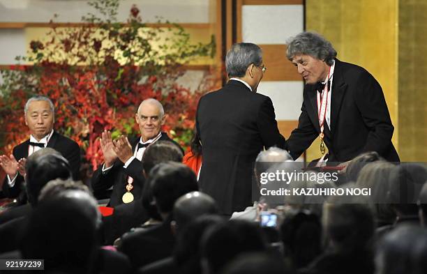 Dramatist Tom Stoppard of Britain receives an award recognising his achievment in the arena of theatre and film during the 21st Praemium Imperiale...