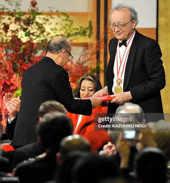 Pianist Alfred Brendel of Austria receives an award recognising his achievment in music during the 21st Praemium Imperiale award ceremony in Tokyo on...