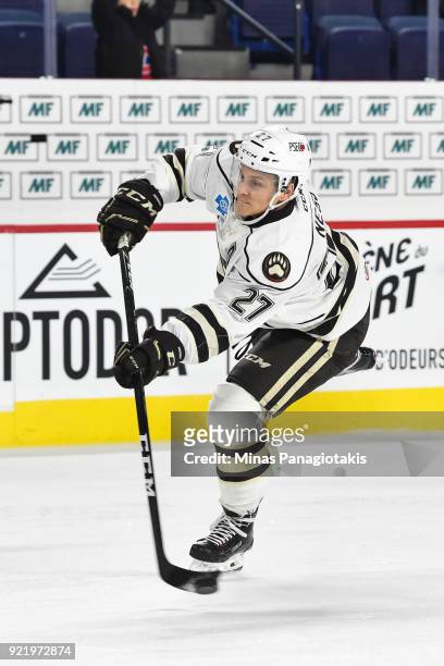 Aaron Ness of the Hershey Bears shoots the puck during the warm-up against the Laval Rocket prior to the AHL game at Place Bell on February 16, 2018...