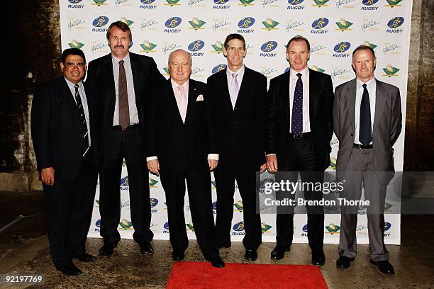 The 1984 Grand Slam Wallabies Mark Ella, Steve Williams, Alan Jones, Roger Gould, Simon Poidevin and Andrew Slack pose for a photograph during the...