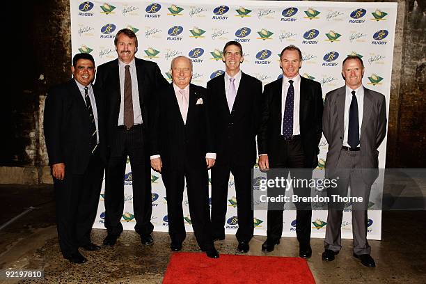 The 1984 Grand Slam Wallabies Mark Ella, Steve Williams, Alan Jones, Roger Gould, Simon Poidevin and Andrew Slack pose for a photograph during the...