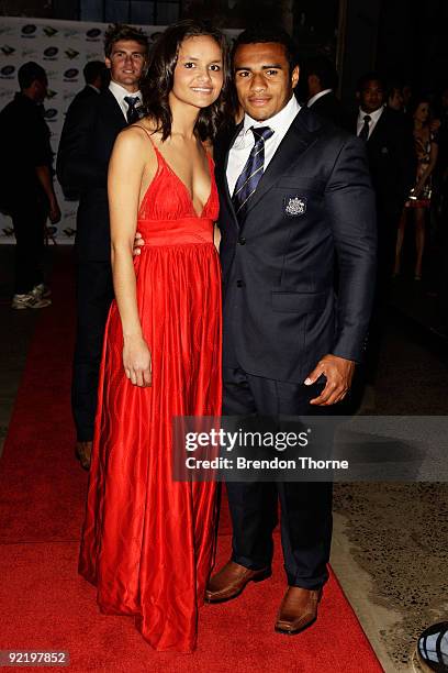 Will Genia and partner Venessa Perrin pose for a photograph during the John Eales Medal Dinner at the Carriage Works on October 22, 2009 in Sydney,...