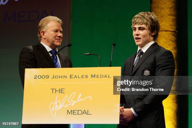 James O'Connor of Australia and winner of Rookie of the Year talks during the John Eales Medal Dinner at the Carriage Works on October 22, 2009 in...