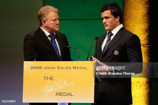 Adam Ashley-Cooper of Australia and winner of Try of the Year talks during the John Eales Medal Dinner at the Carriage Works on October 22, 2009 in...