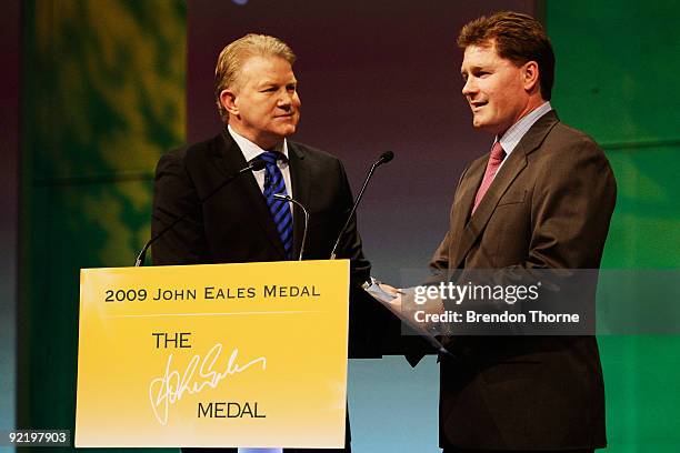 Referee of the Year Stuart Dickinson talks during the John Eales Medal Dinner at the Carriage Works on October 22, 2009 in Sydney, Australia.