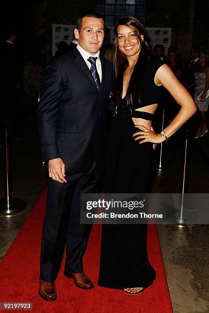 Matt Giteau and partner Bianca Franklin pose for a photograph during the John Eales Medal Dinner at the Carriage Works on October 22, 2009 in Sydney,...