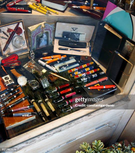 shop window featuring a time past - luxury fountain pen stock pictures, royalty-free photos & images