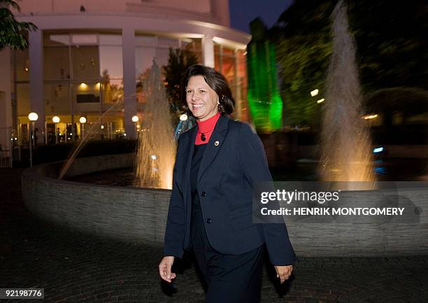 Germany's Agriculture Minister Ilse Aigner walks outside the concert hall in Vaxjo, Sweden on September 14 where a dinner was to take place during...