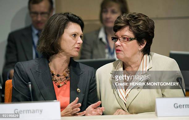 German Agriculture Minister Ilse Aigner talks to her Finnish counterpart Sirkka-Liisa Anttila during the last day of the informal meeting of EU...